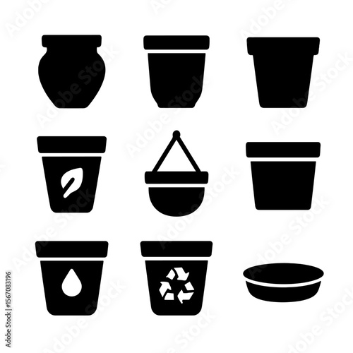 Diverse Pot Icon Set. Solid, filled icons set of pot materials and types: clay pot, ceramic pot, plastic pot,