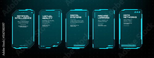 Hud text box frame vector abstract. Digital user interface with artificial intelligence, virtual reality, and machine learning data display.