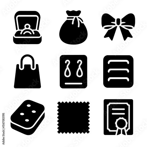 Jewelry Packaging Icons. Solid, filled icon set of jewelry packaging: jewelry box, velvet pouch, ribbon bow, gift bag, display