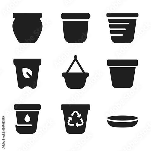 Diverse Pot Icon Set. Solid, filled icons set of pot materials and types: clay pot, ceramic pot, plastic pot,