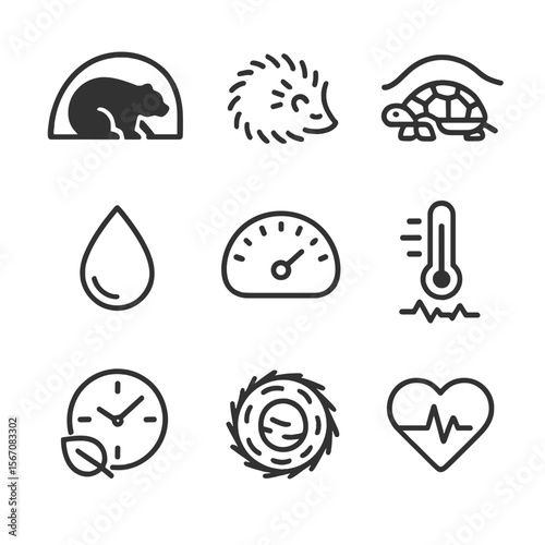 Dormancy Strategy Icons. Outline icon set of hibernation and dormancy strategies: bear in den silhouette, hedgehog curled up,
