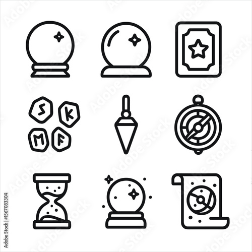Divination Tool Icons. Outline icon set of scrying and divination tools: crystal ball on stand, polished scrying mirror, tarot
