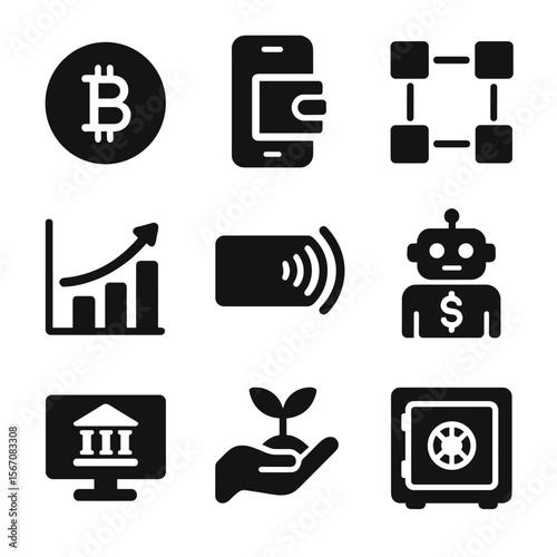 Financial Innovation Icons. Solid, filled icon set of financial innovation: cryptocurrency coin, mobile wallet, blockchain,
