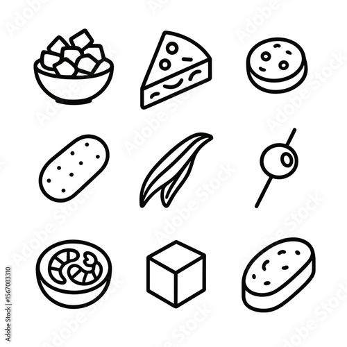 Tapas Icon Set. Outline icon set of tapas selection: patatas bravas, tortilla española slice, chorizo coin, croqueta, anchovy