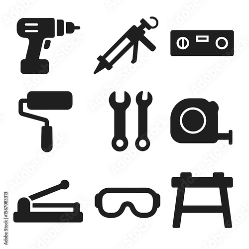 DIY Bathroom Tools Icons. Solid, filled icons set of DIY bathroom renovation tools: power drill, caulking gun,