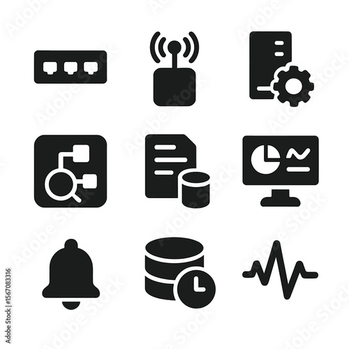 Tech Monitoring Icons Grid. Solid, Filled icon set of operational technology monitoring: network switch, sensor node, OPC server,