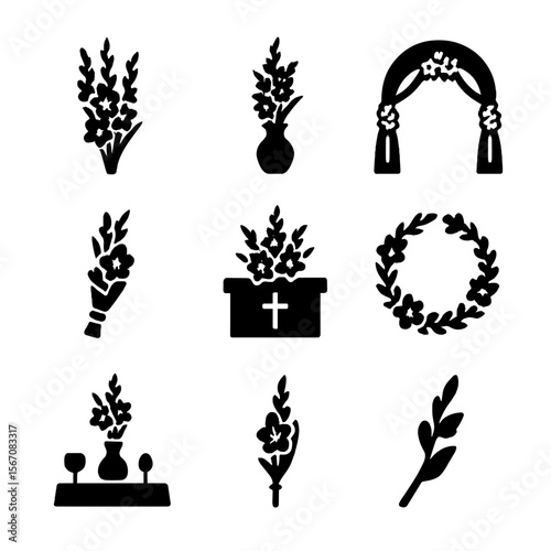 Gladiolus Icon Grid. Solid, filled icon set of gladiolus in floral design: bouquet, vase, centerpiece, wedding arch, wrapped gift