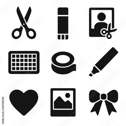 DIY Craft Icons. Solid, filled icons set of DIY photo crafts: scissors, glue stick, photo cutout, craft board,