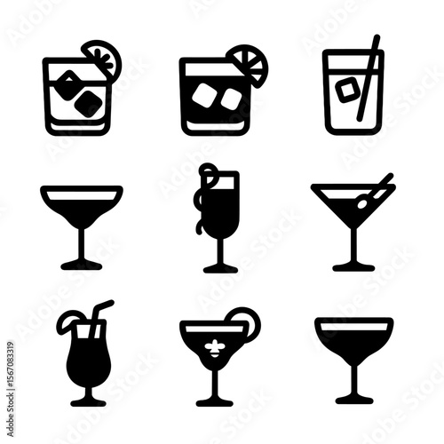 Gin Cocktail Icons. Solid, filled icon set of gin-based signature drinks: gin and tonic, negroni, Tom Collins, gimlet, French 75,
