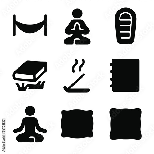 Glade Relaxation Icons. Solid, filled icon set of glade relaxation: hammock, yoga pose, book on grass, sleeping bag, journal,
