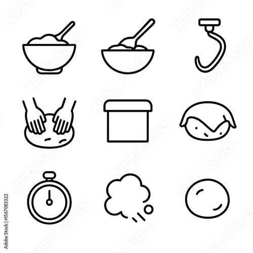 Dough Preparation Icons. Outline icon set of dough preparation steps: mixing bowl with dough, wooden spoon stirring, dough hook