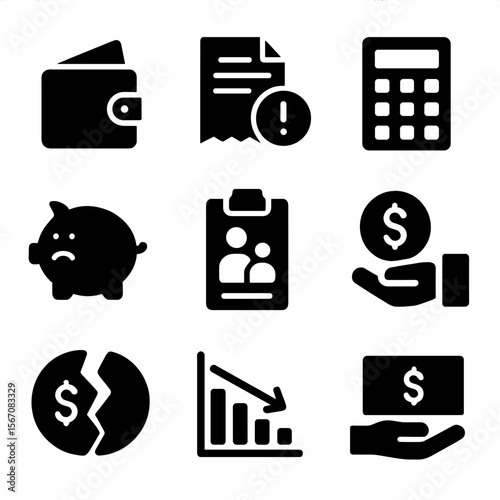 Financial Stress Icons. Solid, filled icon set of financial stress in households: empty wallet, overdue bill, calculator, piggy