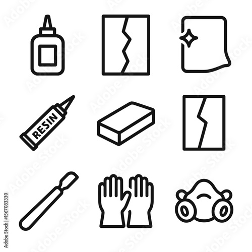 Glass Restoration Icons. Solid, filled icon set of glass restoration and repair: glue bottle, glass patch, polishing cloth, resin