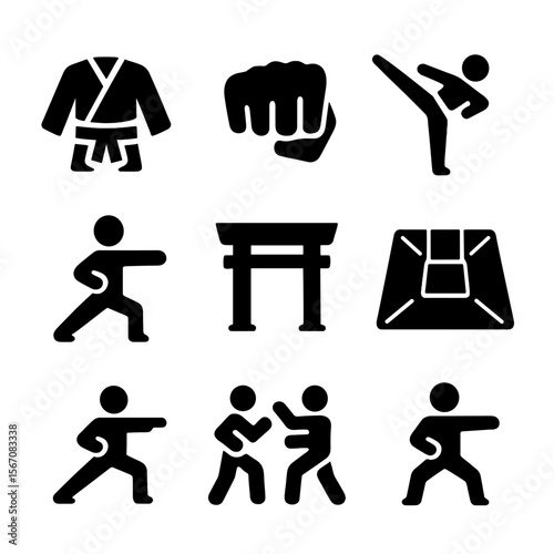 Karate Basics Icons. Solid, filled icon set of karate basics: karate gi, black belt, punching fist, high kick, kata, dojo,