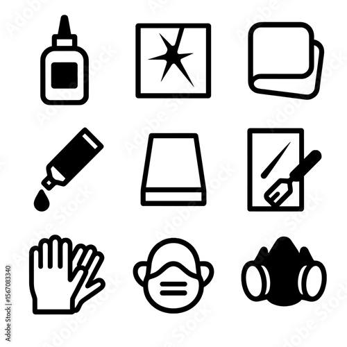 Glass Restoration Icons. Solid, filled icon set of glass restoration and repair: glue bottle, glass patch, polishing cloth, resin