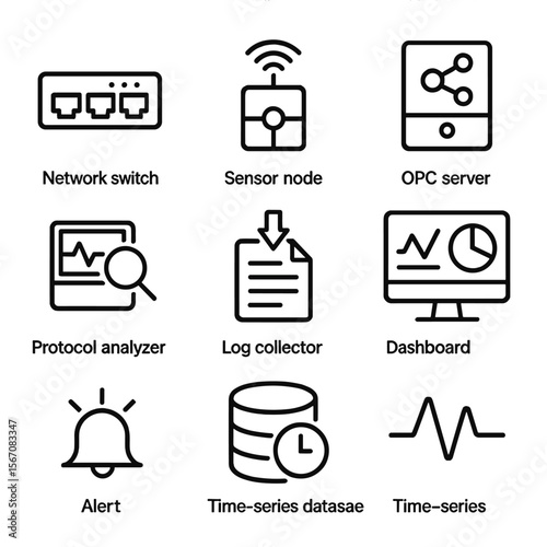 Tech Monitoring Icons. Outline icon set of operational technology monitoring: network switch, sensor node, OPC server, protocol