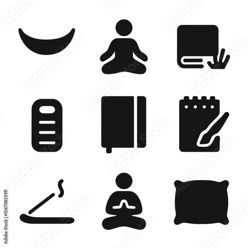 Glade Relaxation Icons. Solid, filled icon set of glade relaxation: hammock, yoga pose, book on grass, sleeping bag, journal,