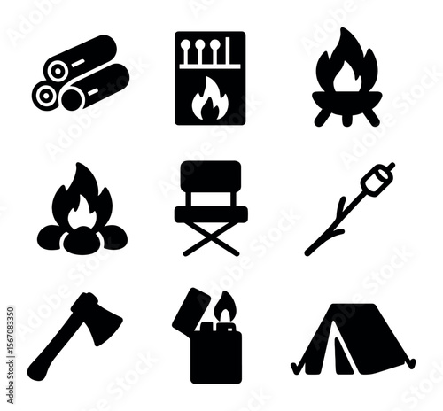 Campfire Essentials Icons. Solid, filled icons set of campfire essentials: firewood, matchbox, fire pit,