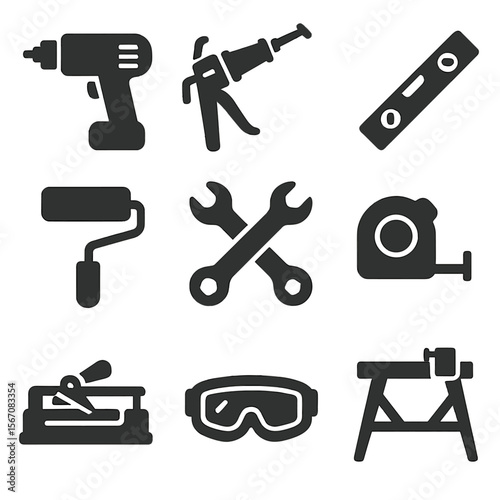 DIY Bathroom Tools Icons. Solid, filled icons set of DIY bathroom renovation tools: power drill, caulking gun,