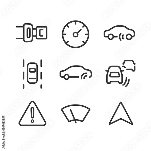 Driver Assistance Icons. Outline icon set of driver assistance and safety features: seatbelt buckle, speedometer dial, adaptive