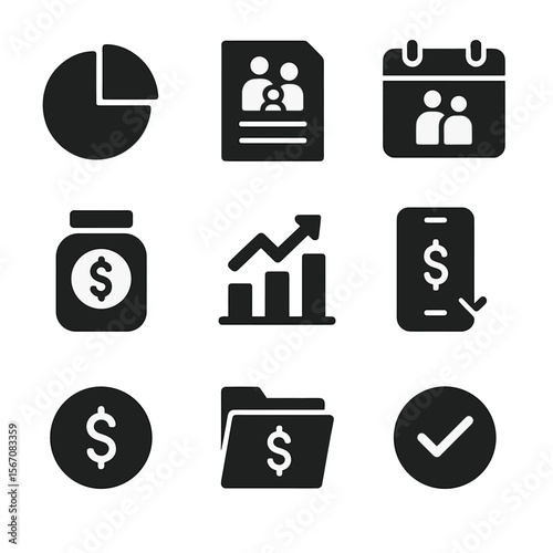 Financial Planning Icons. Solid, filled icon set of financial planning for families: pie chart, budget sheet, calendar planner,