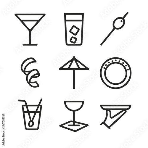 Drink Icon Set. Outline icon set of drink presentation and garnishes: martini glass, highball glass, garnish skewer with olive,