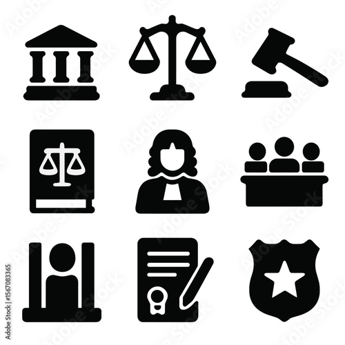 Justice System Icons. Solid, filled icon set of justice system: courthouse, scales of justice, gavel, law book, judge, jury,