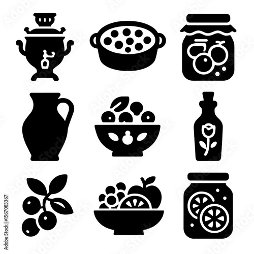 Global Compote Icons. Solid, filled icon set of regional compote traditions: Russian samovar, French clafoutis, Polish glass jar,