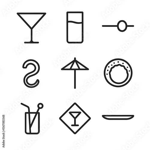 Drink Icon Set. Outline icon set of drink presentation and garnishes: martini glass, highball glass, garnish skewer with olive,