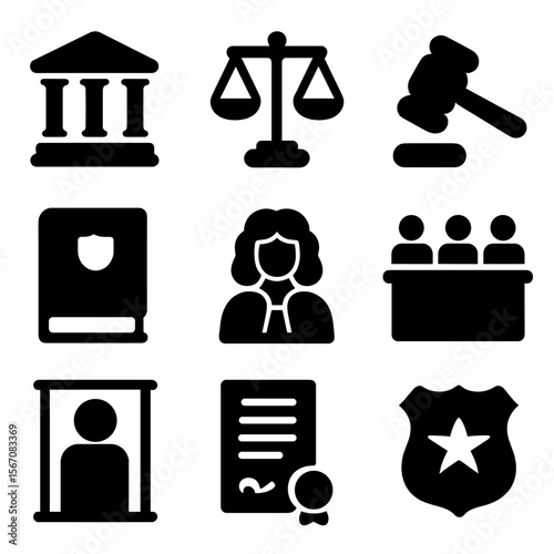 Justice System Icons. Solid, filled icon set of justice system: courthouse, scales of justice, gavel, law book, judge, jury,