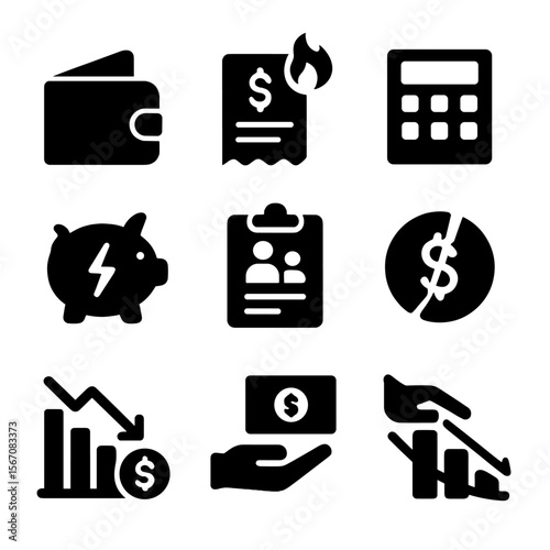 Financial Stress Icons. Solid, filled icon set of financial stress in households: empty wallet, overdue bill, calculator, piggy