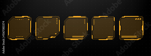 Set of five dark orange hud text box frame with varied geometric designs. Modern future interface elements for infographic message.