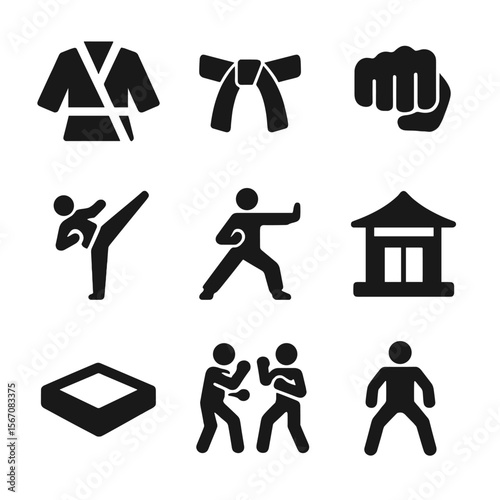Karate Basics Icons. Solid, filled icon set of karate basics: karate gi, black belt, punching fist, high kick, kata, dojo,