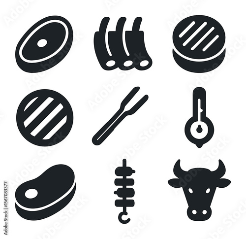 Grilling Icons Set. Solid, filled icons set of meat grilling: steak, ribs, burger patty, grill lines, tongs,