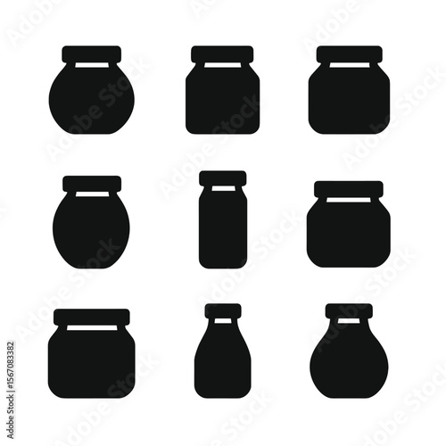 Glass Jar Icons. Solid, filled icon set of glass jar shapes: round jar, square jar, hexagonal jar, oval jar, tall jar, squat jar,