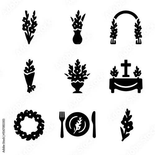 Gladiolus Icon Grid. Solid, filled icon set of gladiolus in floral design: bouquet, vase, centerpiece, wedding arch, wrapped gift