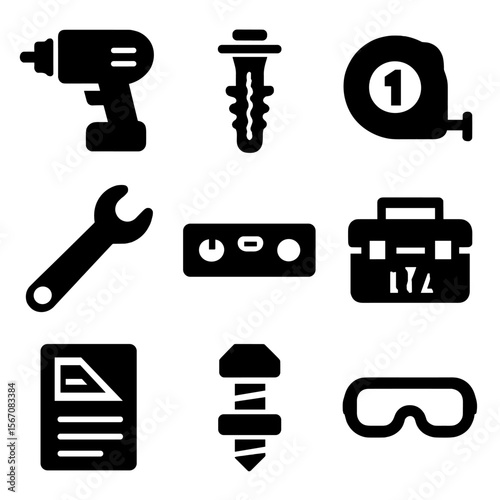 DIY Garage Icon Set. Solid, filled icons set of DIY garage upgrades: power drill, wall anchor, measuring tape,