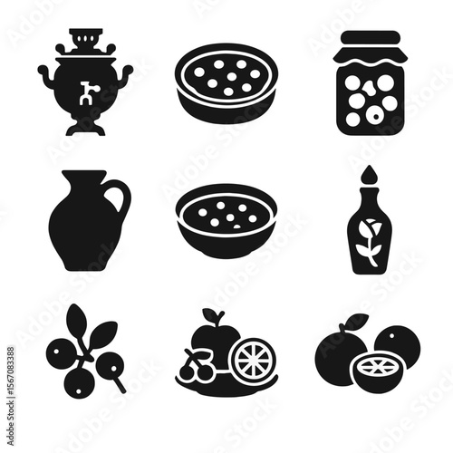 Global Compote Icons. Solid, filled icon set of regional compote traditions: Russian samovar, French clafoutis, Polish glass jar,