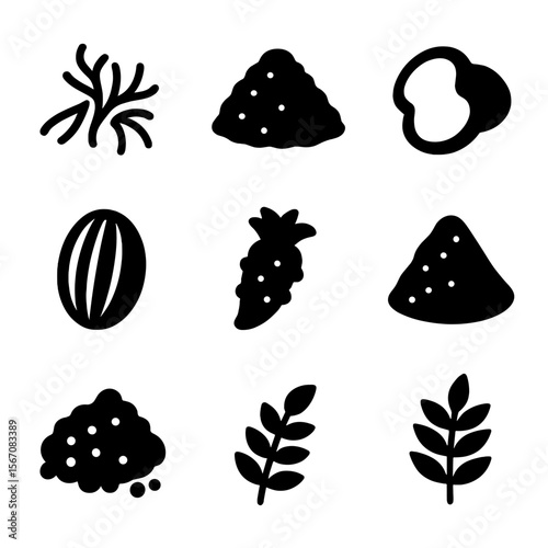 Global Spice Icons. Solid, filled icon set of global spices: saffron threads, sumac, ginger slice, nutmeg whole, fennel seed,