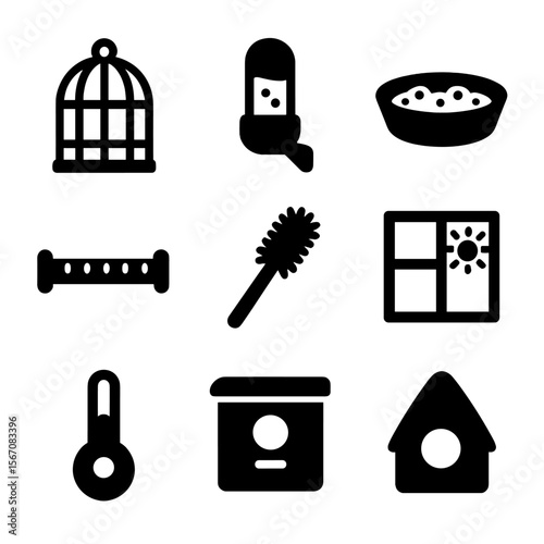 Finch Care Icons. Solid, filled icon set of finch care in captivity: cage icon, water dispenser, food tray, grooming perch,