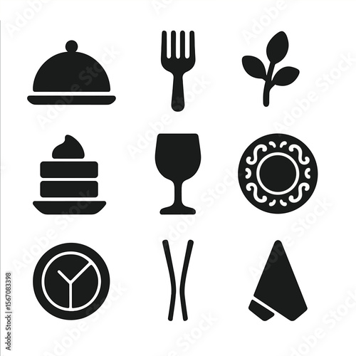 Fine Dining Icons. Solid, filled icon set of fine dining plating: dome cloche, silver fork, garnish sprig, layered mousse, crystal