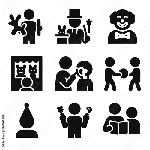 Kids Party Icons. Solid, filled icon set of kids party entertainers: balloon artist, magician, clown, puppet show, face paint,