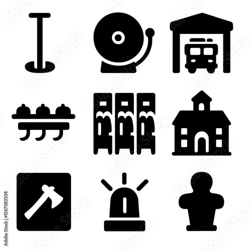 Fire Station Icons. Solid, filled icon set of fire station essentials: fire pole, alarm bell, fire truck bay, helmets rack, gear