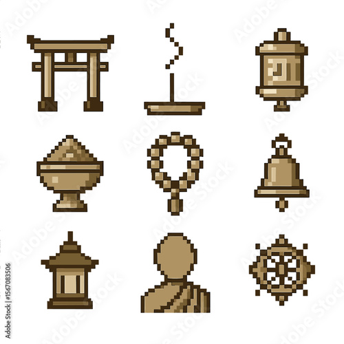 Temple Icon Set. Pixel art icon set of temple and shrine visits: temple gate, incense stick, prayer wheel, offering bowl, prayer