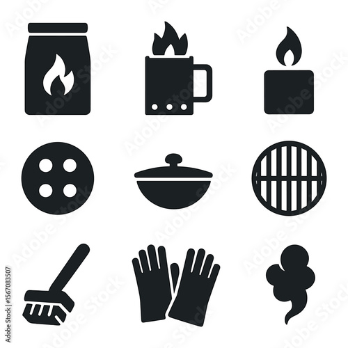 Charcoal Grill Essentials. Solid, filled icons set of charcoal grill gear: charcoal bag, chimney starter,