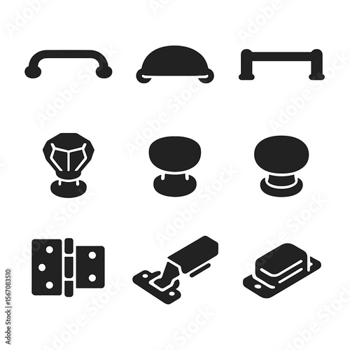 Kitchen Hardware Icons. Solid, filled icon set of kitchen hardware types: drawer pull, cup handle, bar handle, crystal knob, metal