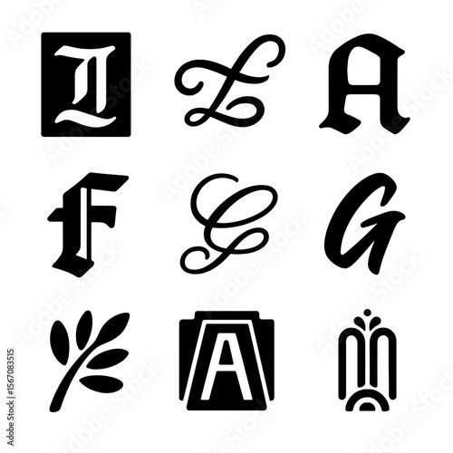 Gold Calligraphy Icons. Solid, filled icon set of calligraphy styles with gold: gothic initial, italic flourish, uncial letter,