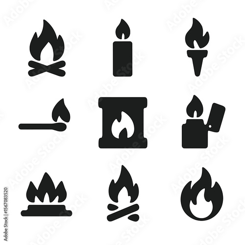 Fire Element Icons. Solid, filled icon set of flame and fire elements: campfire, candle flame, torch, matchstick, fireplace,