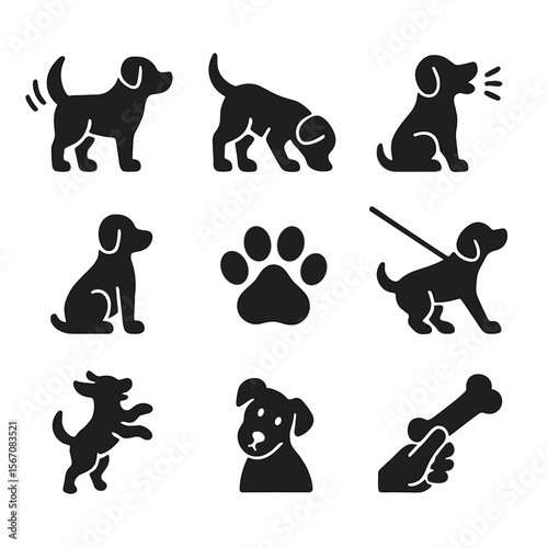Dog Behavior Icons. Solid, filled icons set of dog behaviors during walk: tail wag, sniffing nose, barking
