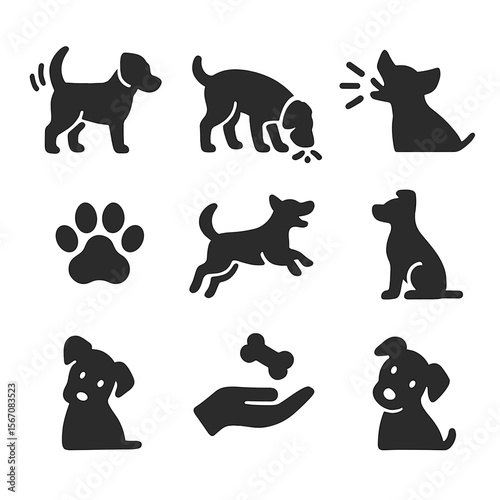 Dog Behavior Icons. Solid, filled icons set of dog behaviors during walk: tail wag, sniffing nose, barking